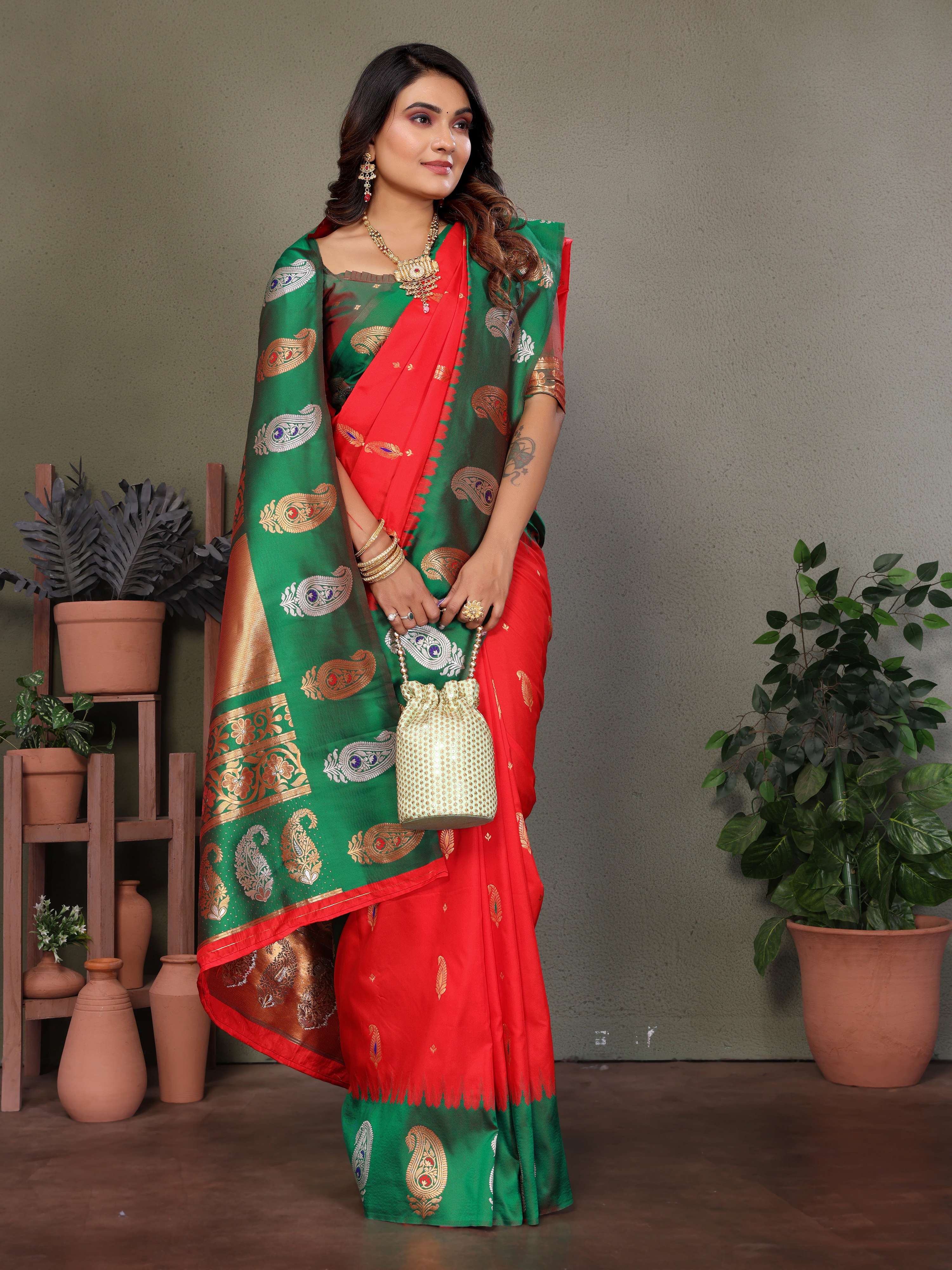 Sonakshi Women's Red Banarasi Silk Zari Woven Traditional Saree with Blouse | Grocsy