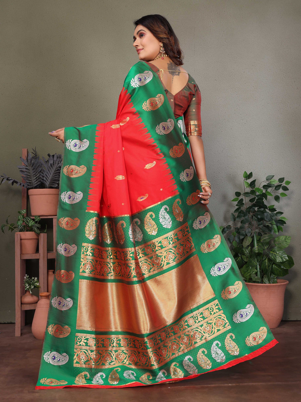 Sonakshi Women's Red Banarasi Silk Zari Woven Traditional Saree with Blouse | Grocsy