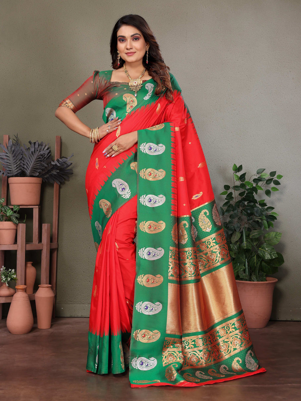 Sonakshi Women's Red Banarasi Silk Zari Woven Traditional Saree with Blouse | Grocsy