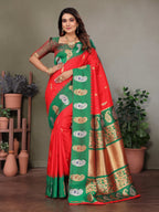 Sonakshi Women's Red Banarasi Silk Zari Woven Traditional Saree with Blouse | Grocsy