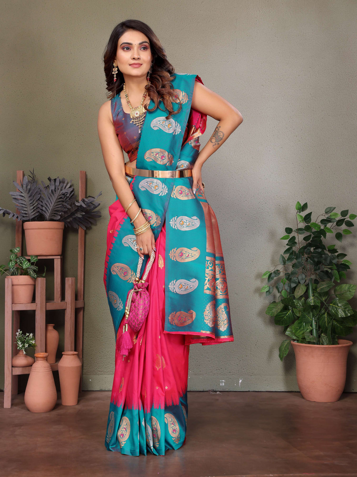 Sonakshi Women's Maharani Banarasi Silk Zari Woven Traditional Saree with Blouse | Grocsy