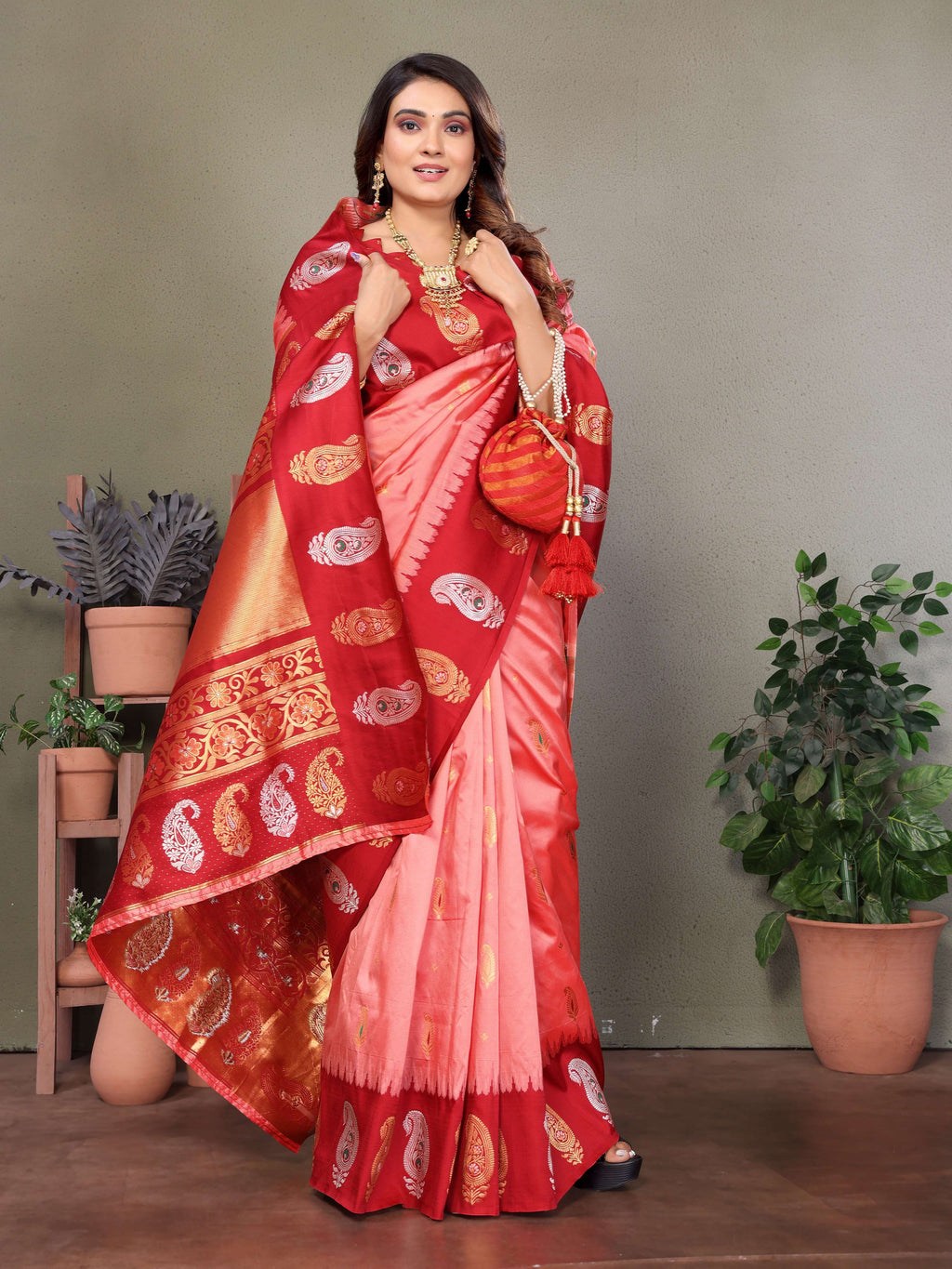 Sonakshi Women's Pink Banarasi Silk Zari Woven Traditional Saree with Blouse | Grocsy