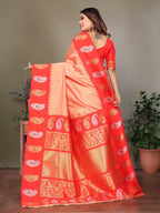 Sonakshi Women's Peach Banarasi Silk Zari Woven Traditional Saree with Blouse | Grocsy