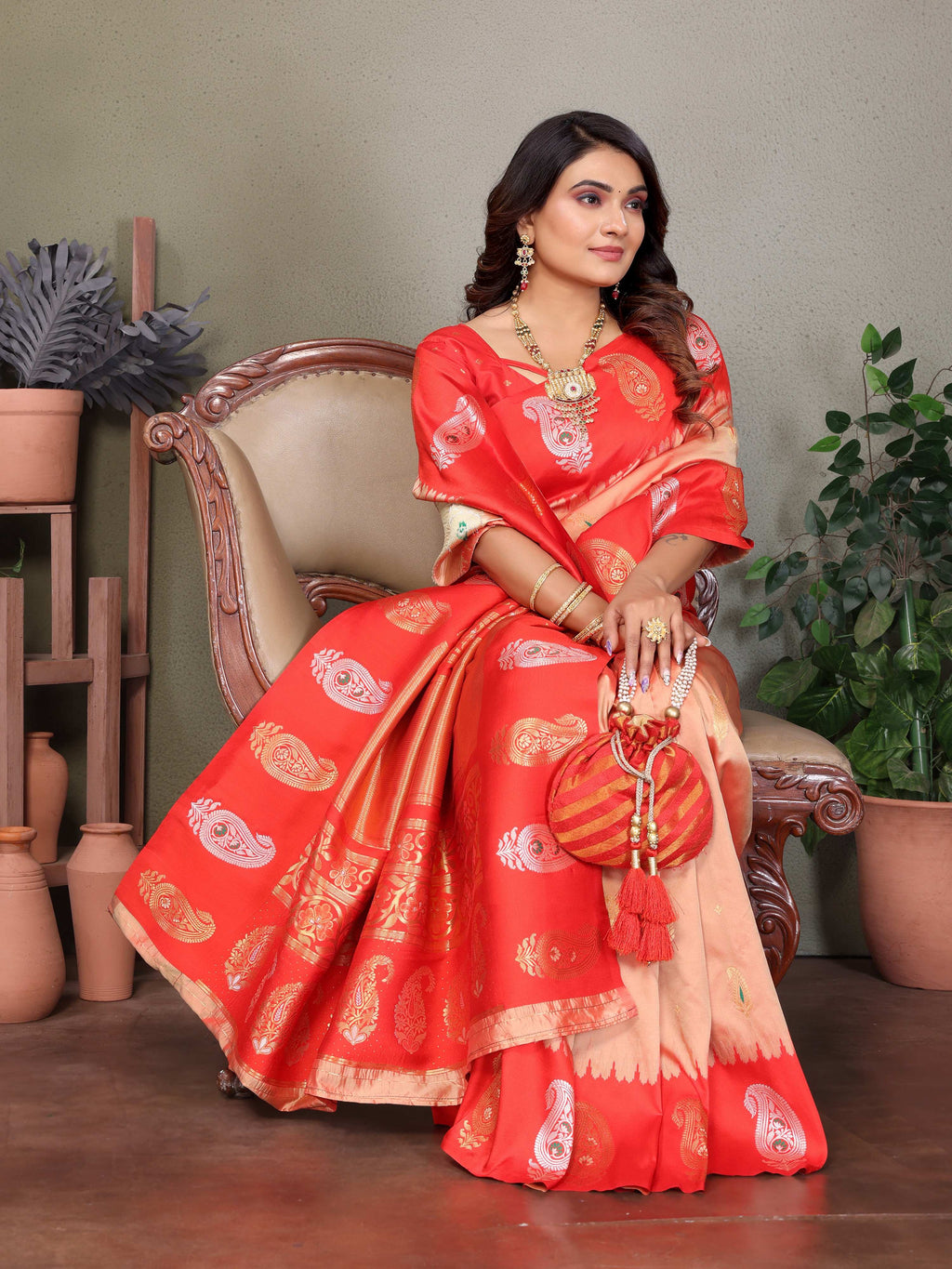Sonakshi Women's Peach Banarasi Silk Zari Woven Traditional Saree with Blouse | Grocsy