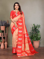 Sonakshi Women's Peach Banarasi Silk Zari Woven Traditional Saree with Blouse | Grocsy