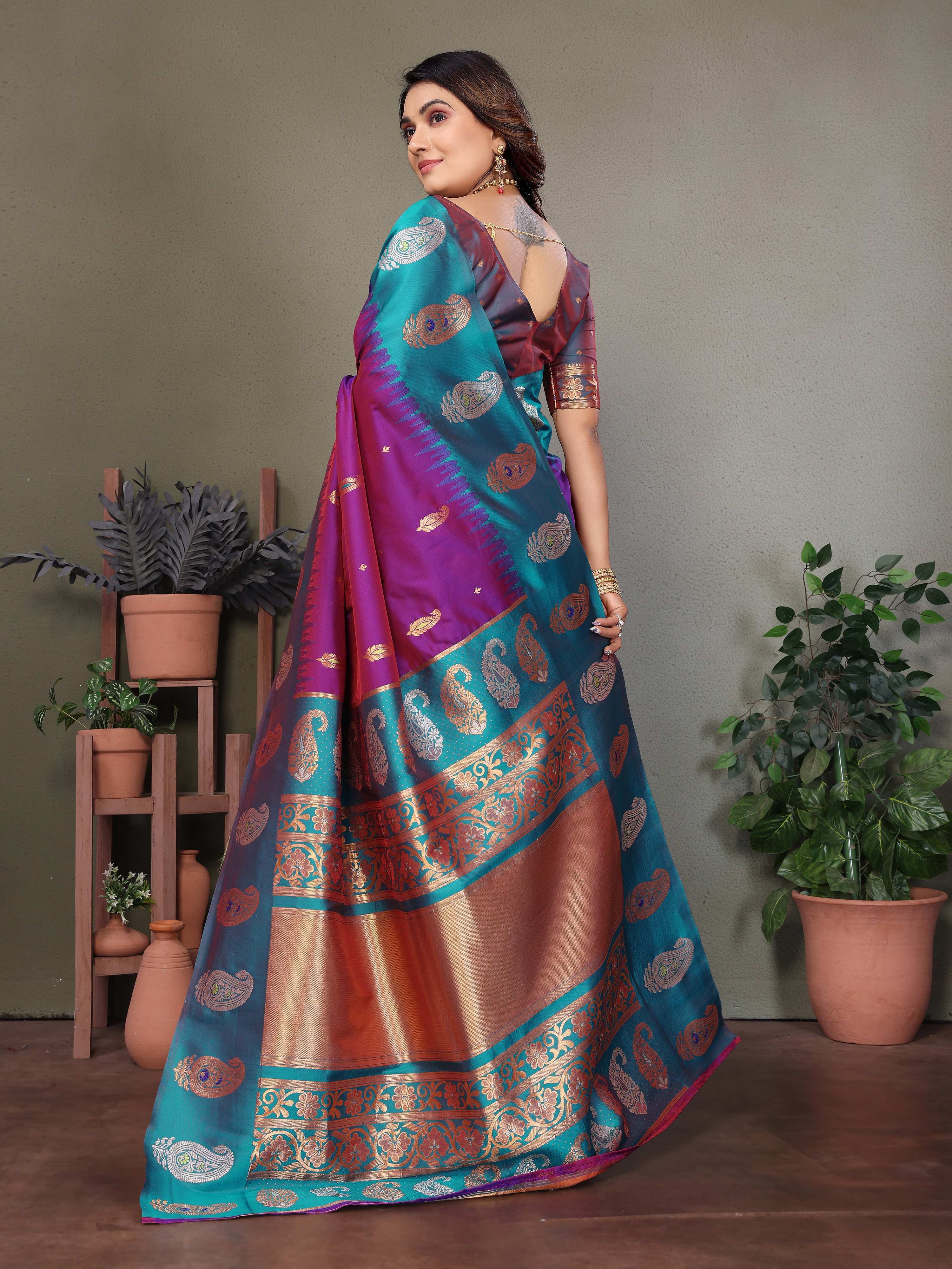 Sonakshi Women's Purple Banarasi Silk Zari Woven Traditional Saree with Blouse | Grocsy