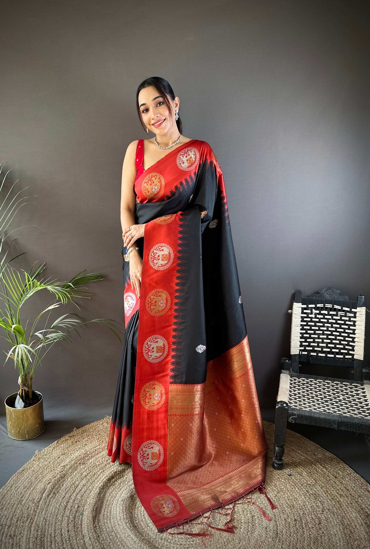 Sonakshi Women's Black Banarasi Silk Zari Woven Traditional Saree with Blouse | Grocsy