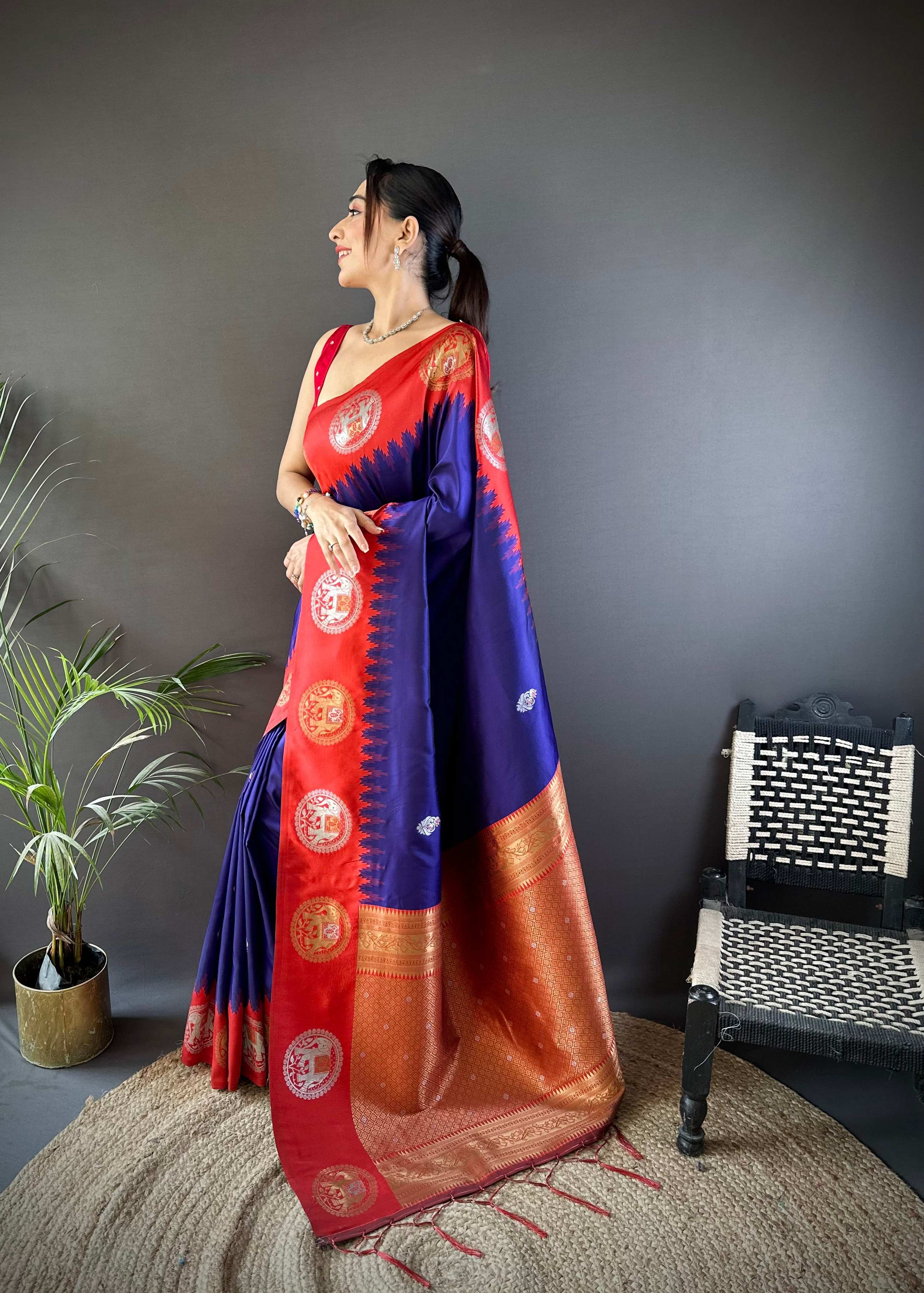 Sonakshi Women's Blue Banarasi Silk Zari Woven Traditional Saree with Blouse | Grocsy