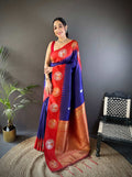 Sonakshi Women's Blue Banarasi Silk Zari Woven Traditional Saree with Blouse | Grocsy