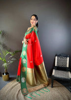 Sonakshi Women's Red Banarasi Silk Zari Woven Traditional Saree with Blouse | Grocsy