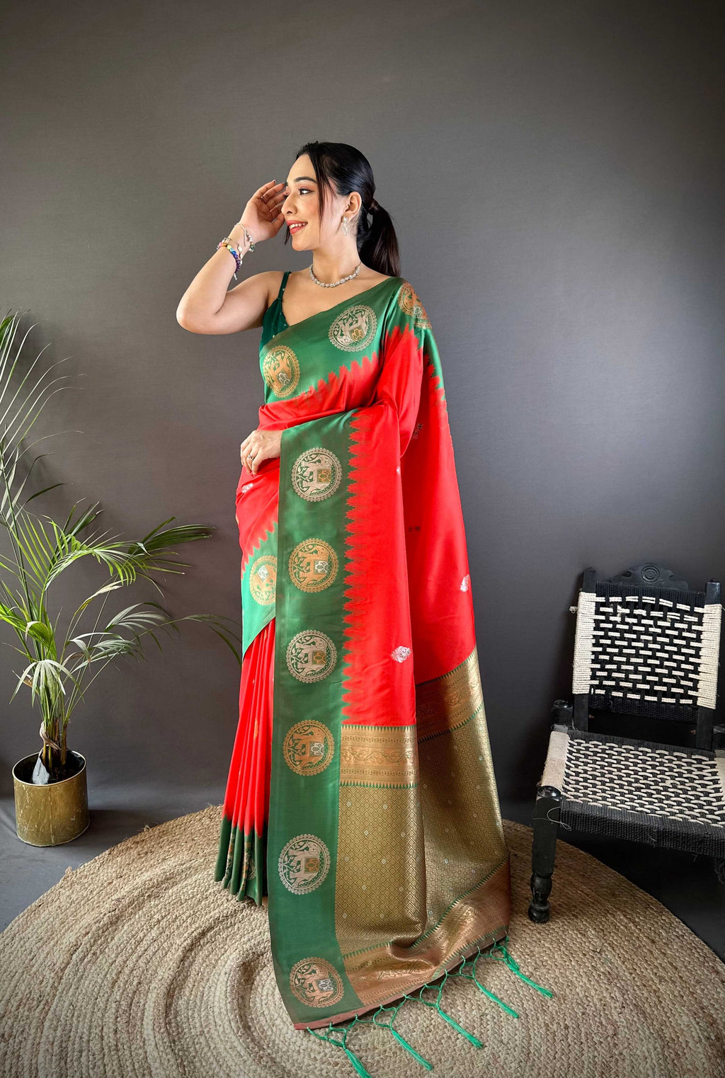 Sonakshi Women's Red Banarasi Silk Zari Woven Traditional Saree with Blouse | Grocsy