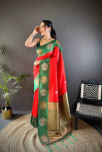 Sonakshi Women's Red Banarasi Silk Zari Woven Traditional Saree with Blouse | Grocsy