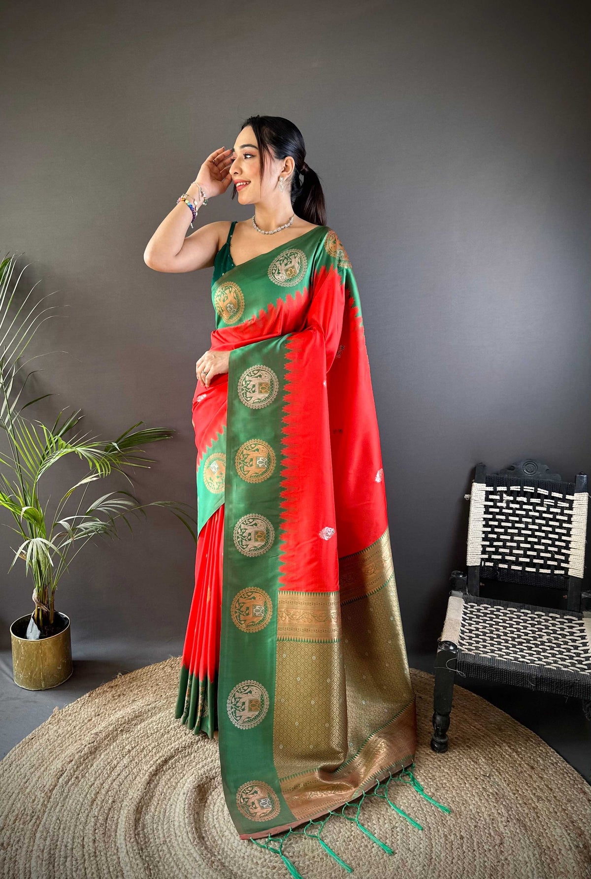 Sonakshi Women's Red Banarasi Silk Zari Woven Traditional Saree with Blouse | Grocsy