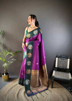 Sonakshi Women's Purple Banarasi Silk Zari Woven Traditional Saree with Blouse | Grocsy