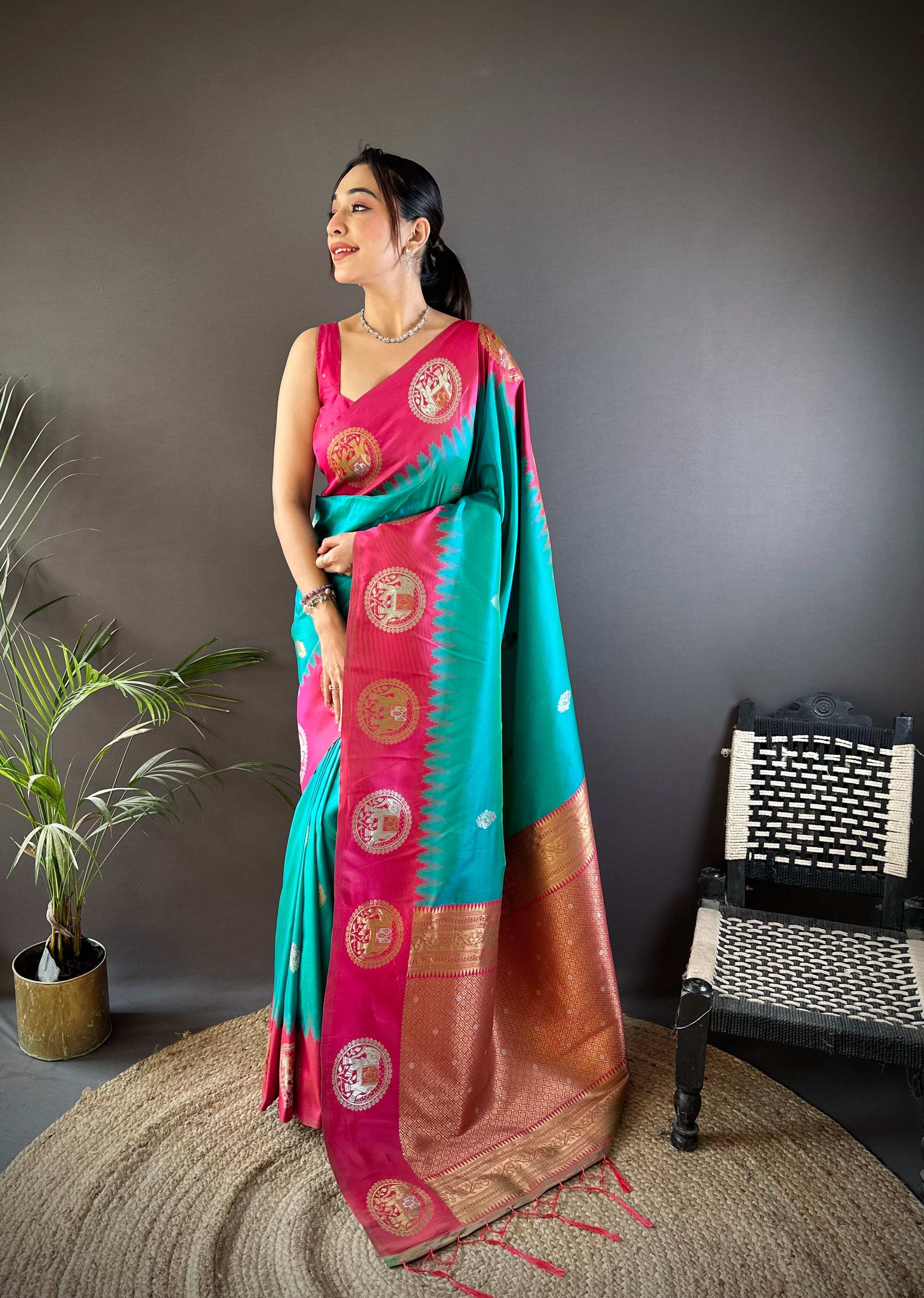 Sonakshi Women's Seagreen Banarasi Silk Zari Woven Traditional Saree with Blouse | Grocsy