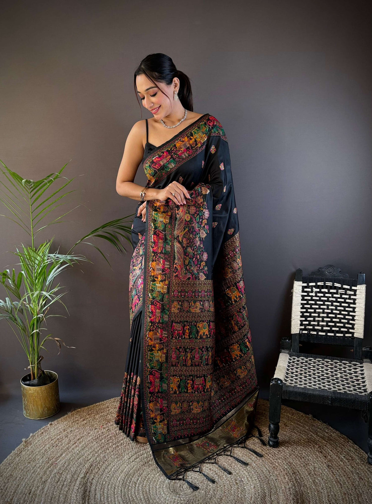 Sonakshi Women's Black Pashmina Silk Zari Woven Traditional Saree with Blouse | Grocsy