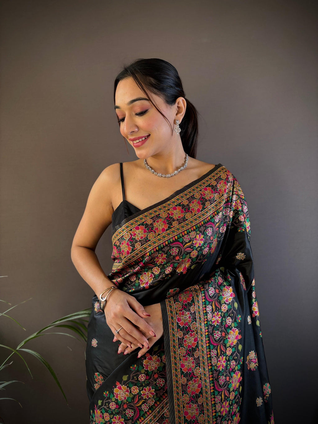 Sonakshi Women's Black Pashmina Silk Zari Woven Traditional Saree with Blouse | Grocsy