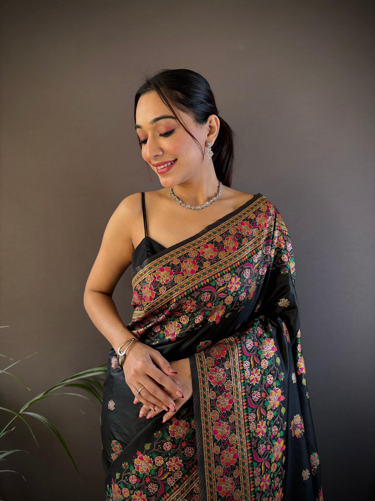 Sonakshi Women's Black Pashmina Silk Zari Woven Traditional Saree with Blouse | Grocsy