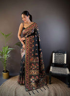 Sonakshi Women's Black Pashmina Silk Zari Woven Traditional Saree with Blouse | Grocsy