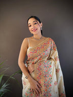 Sonakshi Women's Off White Pashmina Silk Zari Woven Traditional Saree with Blouse | Grocsy