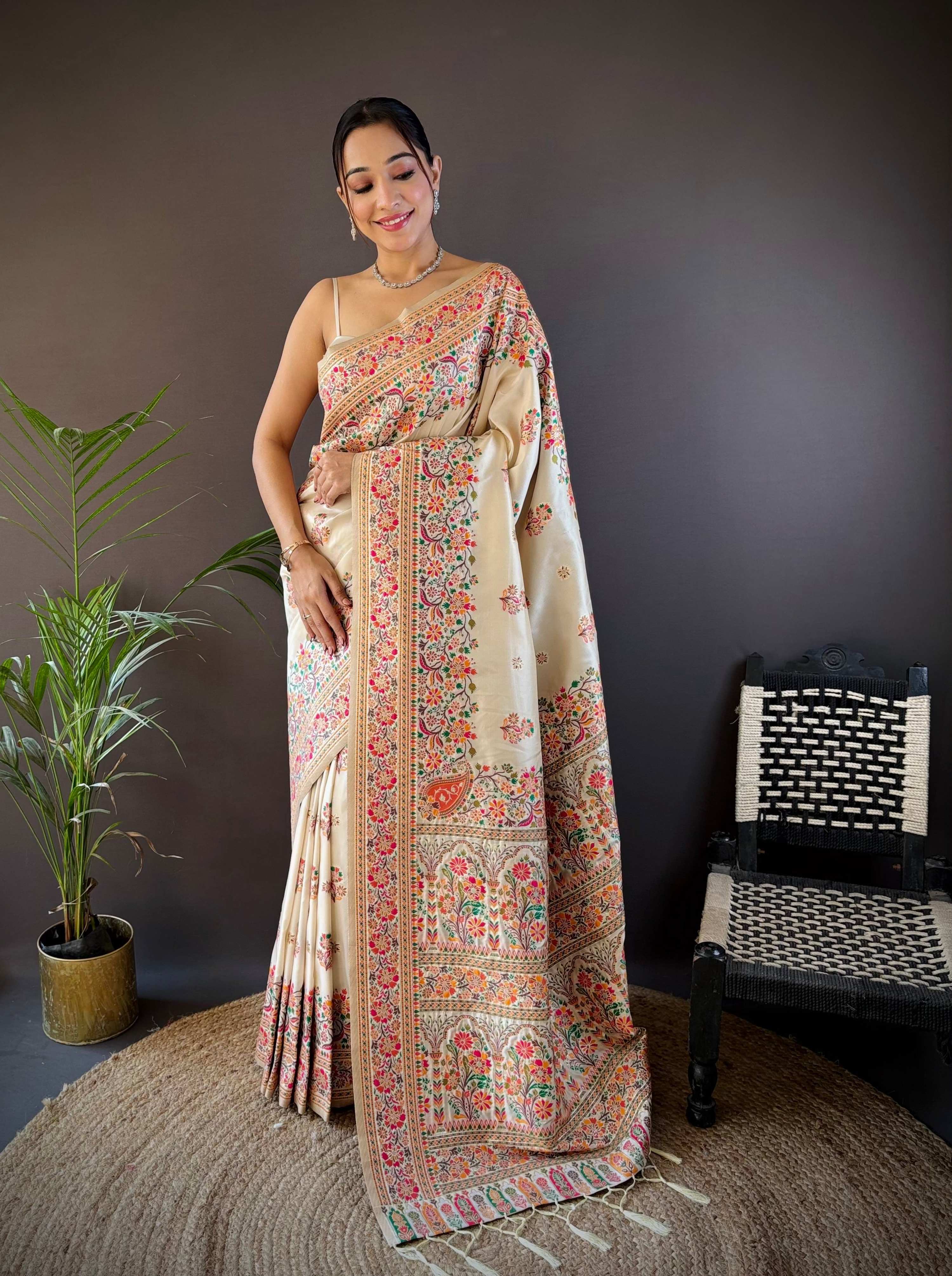 Sonakshi Women's Off White Pashmina Silk Zari Woven Traditional Saree with Blouse | Grocsy
