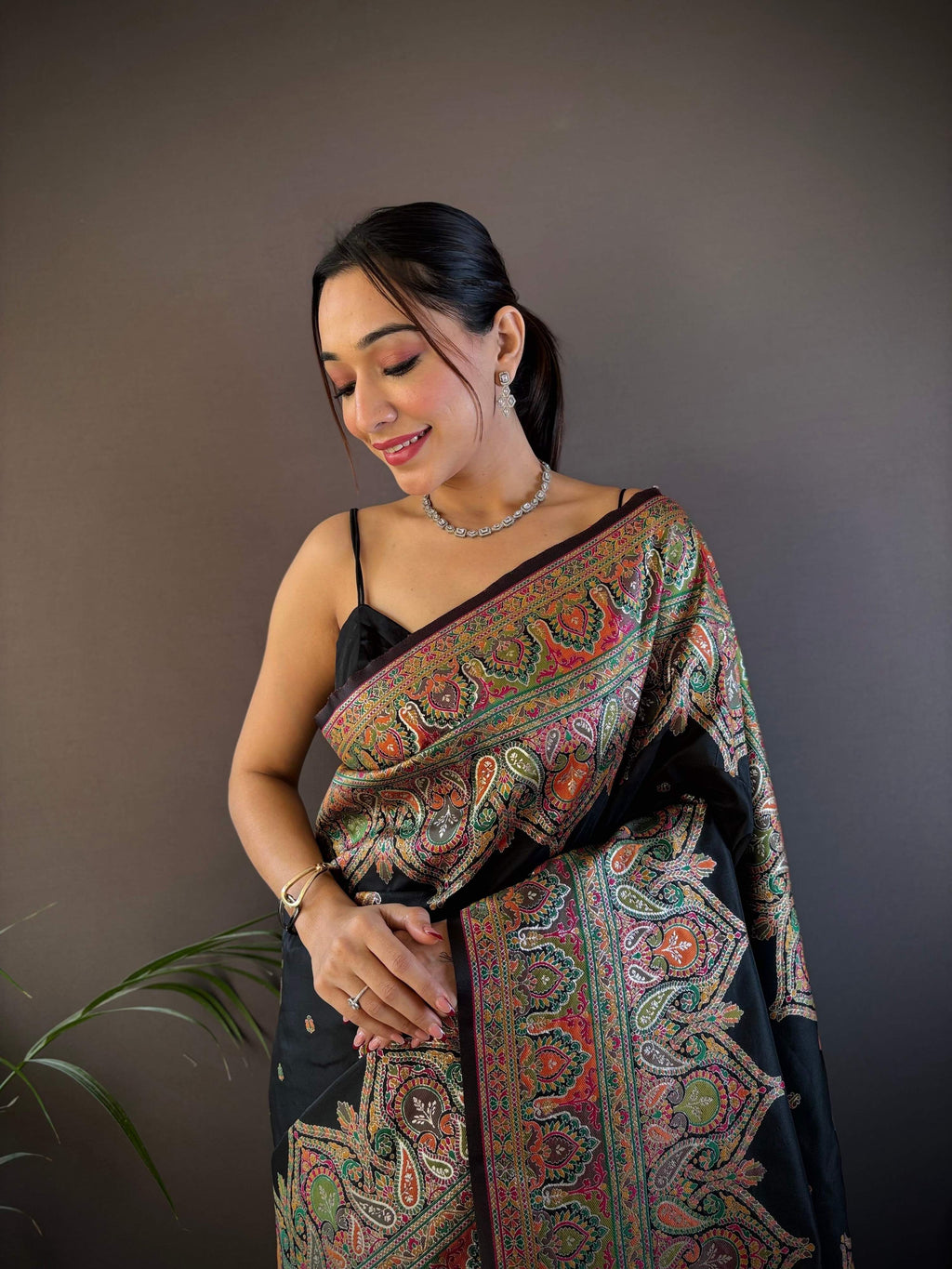 Sonakshi Women's Black Pashmina Silk Zari Woven Traditional Saree with Blouse | Grocsy