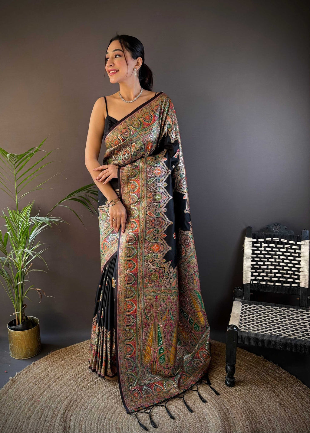 Sonakshi Women's Black Pashmina Silk Zari Woven Traditional Saree with Blouse | Grocsy