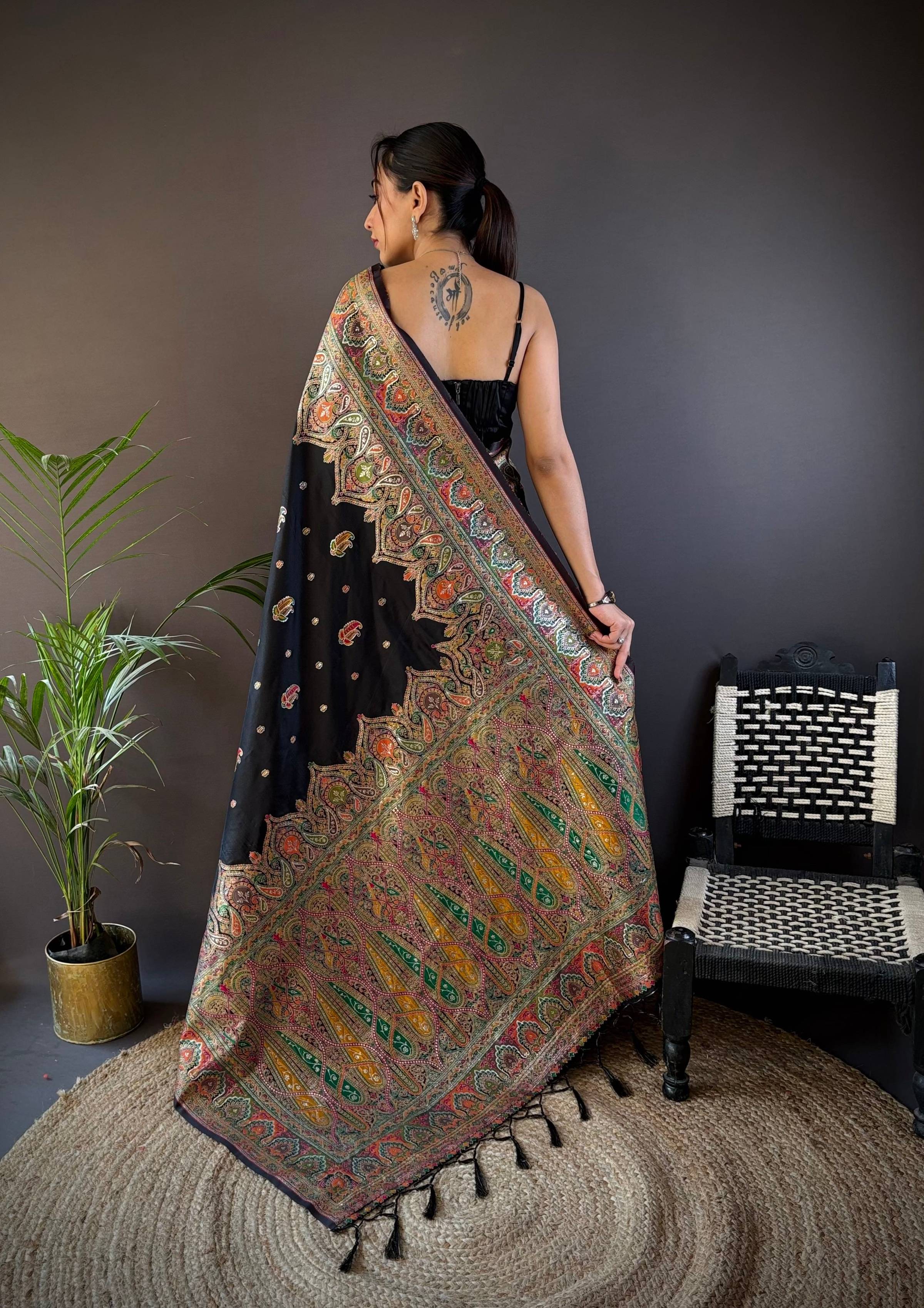 Sonakshi Women's Black Pashmina Silk Zari Woven Traditional Saree with Blouse | Grocsy