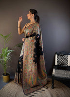 Sonakshi Women's Black Pashmina Silk Zari Woven Traditional Saree with Blouse | Grocsy