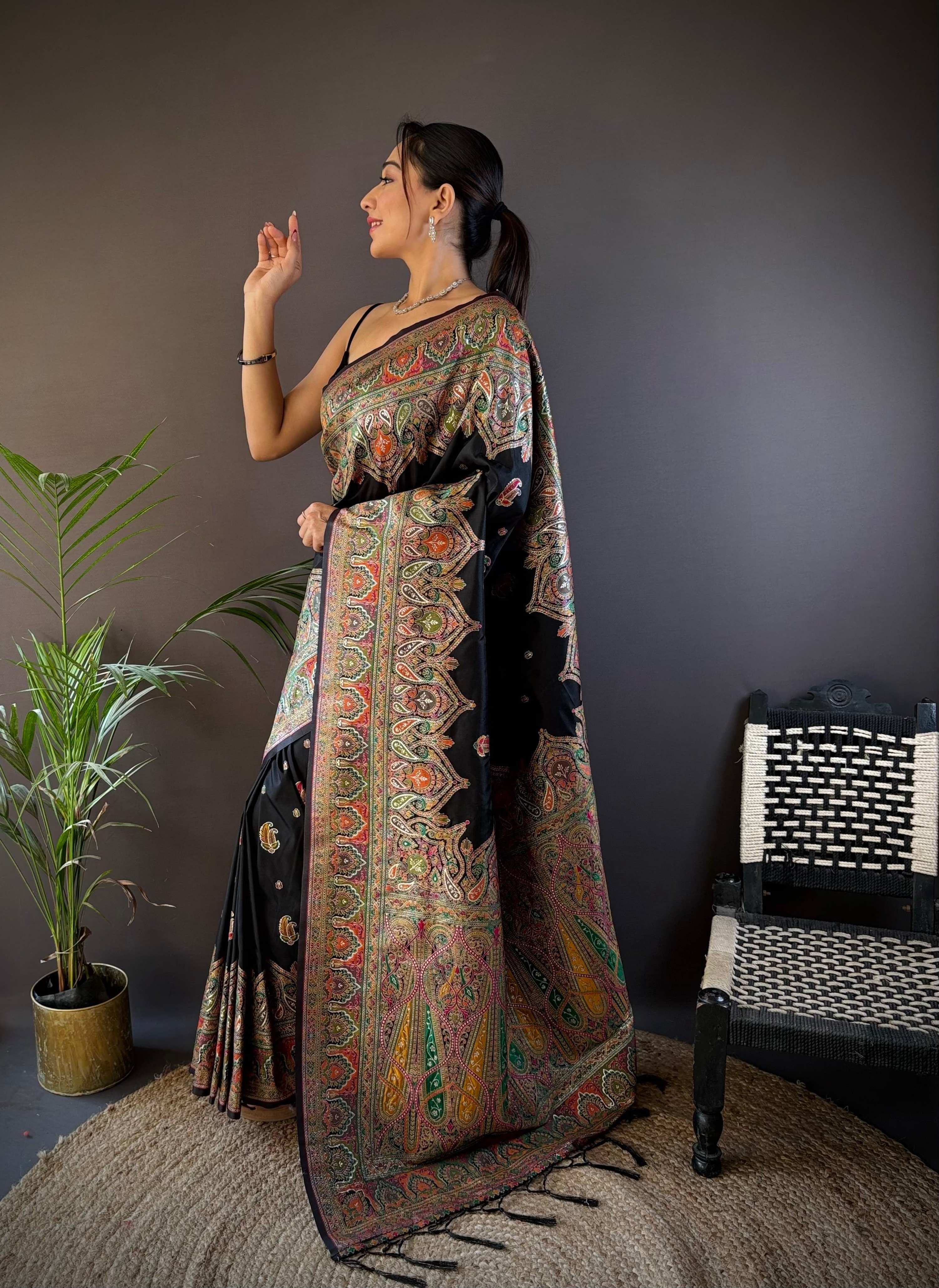 Sonakshi Women's Black Pashmina Silk Zari Woven Traditional Saree with Blouse | Grocsy