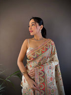 Sonakshi Women's Off White Pashmina Silk Zari Woven Traditional Saree with Blouse | Grocsy