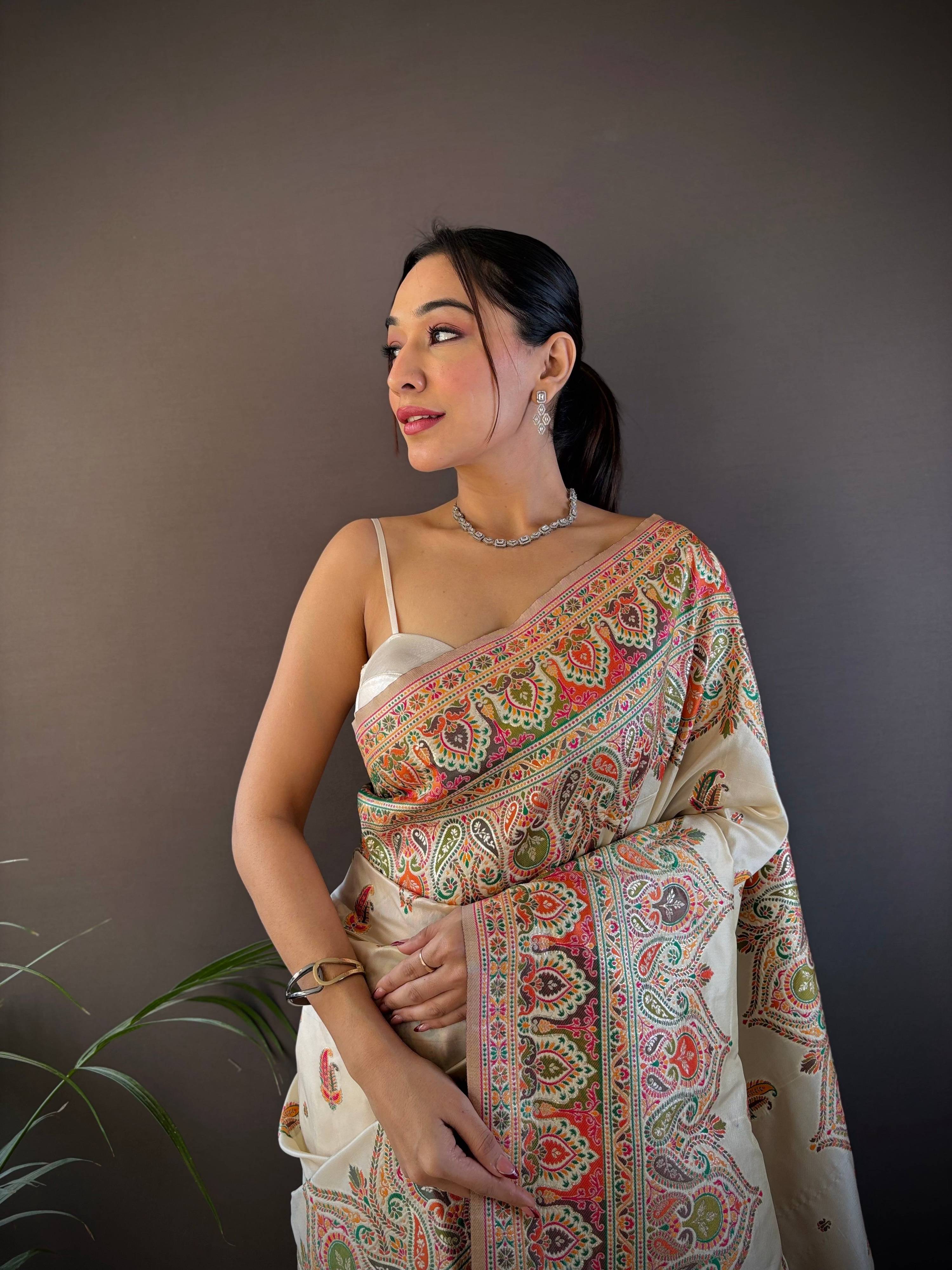 Sonakshi Women's Off White Pashmina Silk Zari Woven Traditional Saree with Blouse | Grocsy