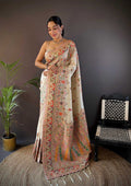 Sonakshi Women's Off White Pashmina Silk Zari Woven Traditional Saree with Blouse | Grocsy