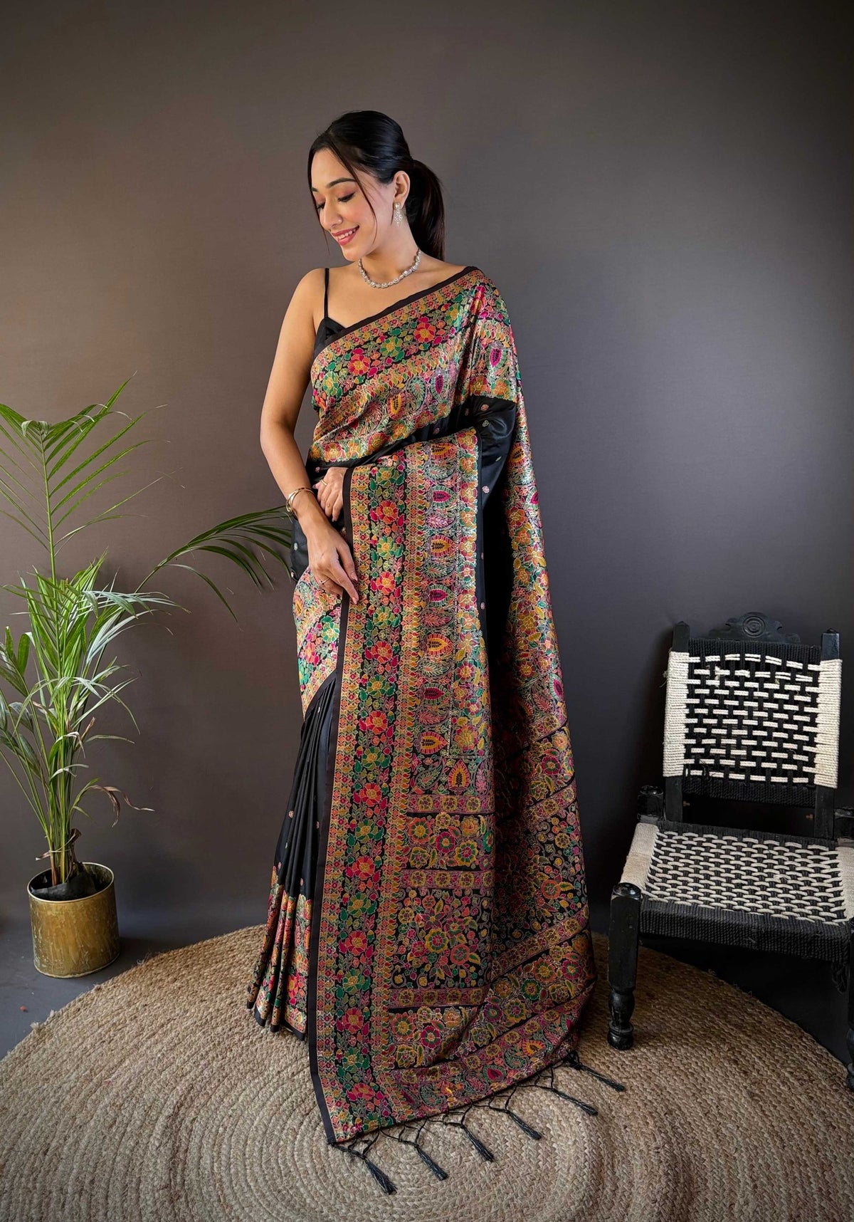 Sonakshi Women's Black Pashmina Silk Zari Woven Traditional Saree with Blouse | Grocsy