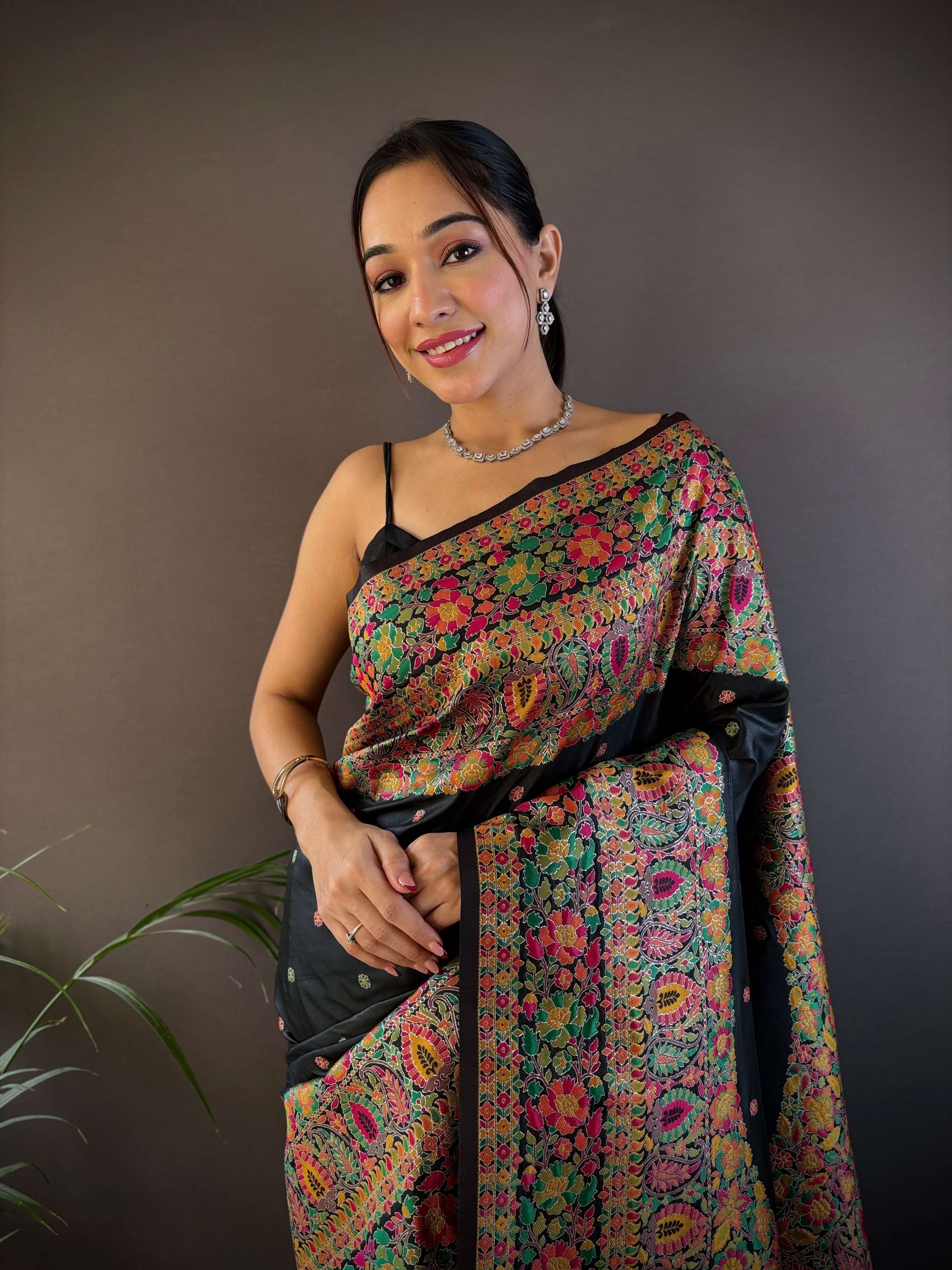 Sonakshi Women's Black Pashmina Silk Zari Woven Traditional Saree with Blouse | Grocsy