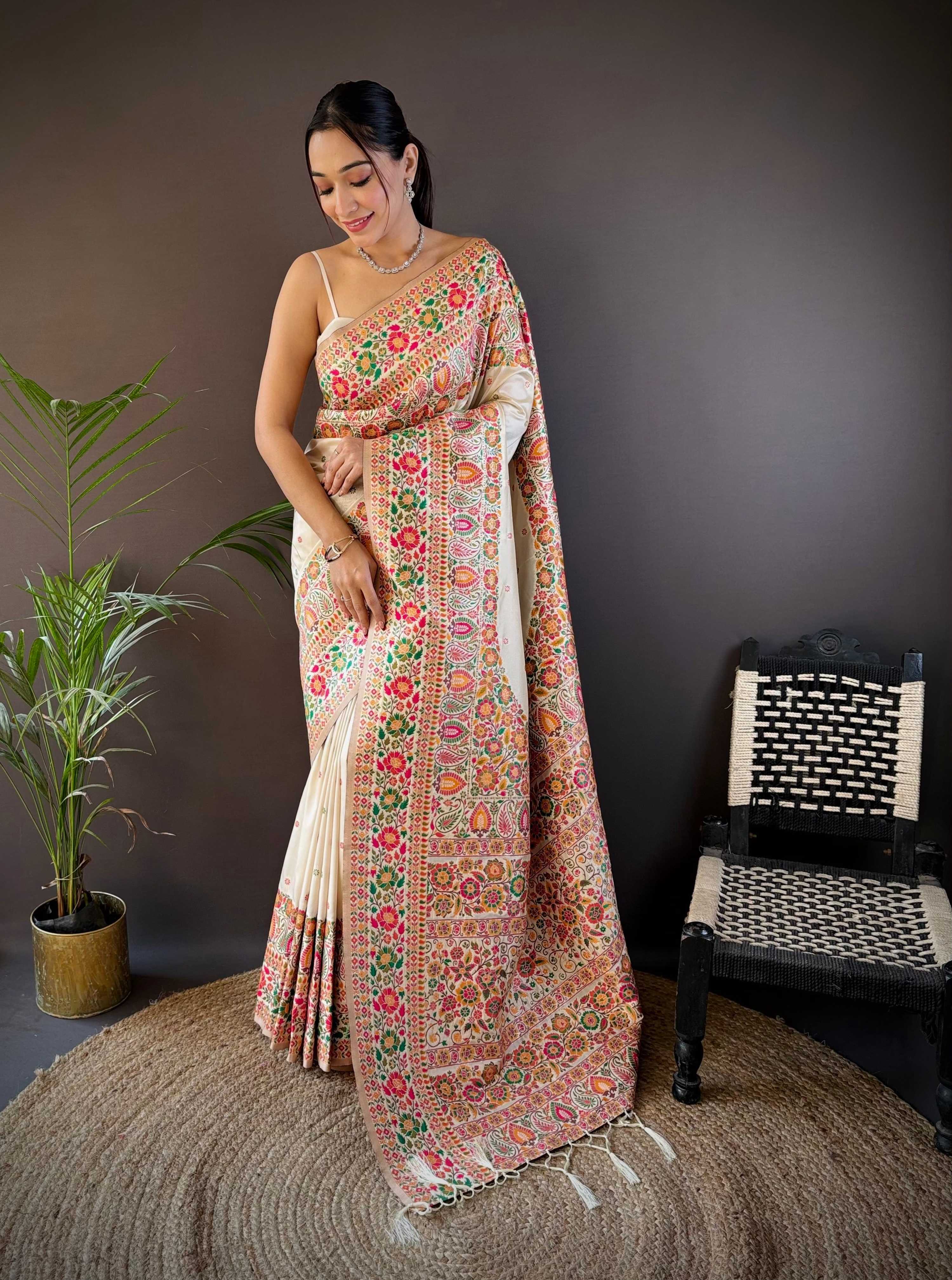 Sonakshi Women's Off White Pashmina Silk Zari Woven Traditional Saree with Blouse | Grocsy