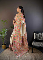 Sonakshi Women's Off White Pashmina Silk Zari Woven Traditional Saree with Blouse | Grocsy