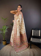 Sonakshi Women's Off White Pashmina Silk Zari Woven Traditional Saree with Blouse | Grocsy