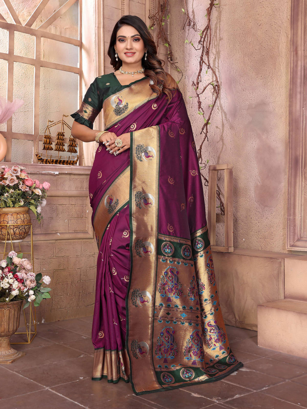 Sonakshi Women's Wine Paithani Silk Zari Woven Traditional Saree with Blouse | Grocsy