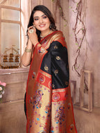 Sonakshi Women's Black Paithani Silk Zari Woven Traditional Saree with Blouse | Grocsy