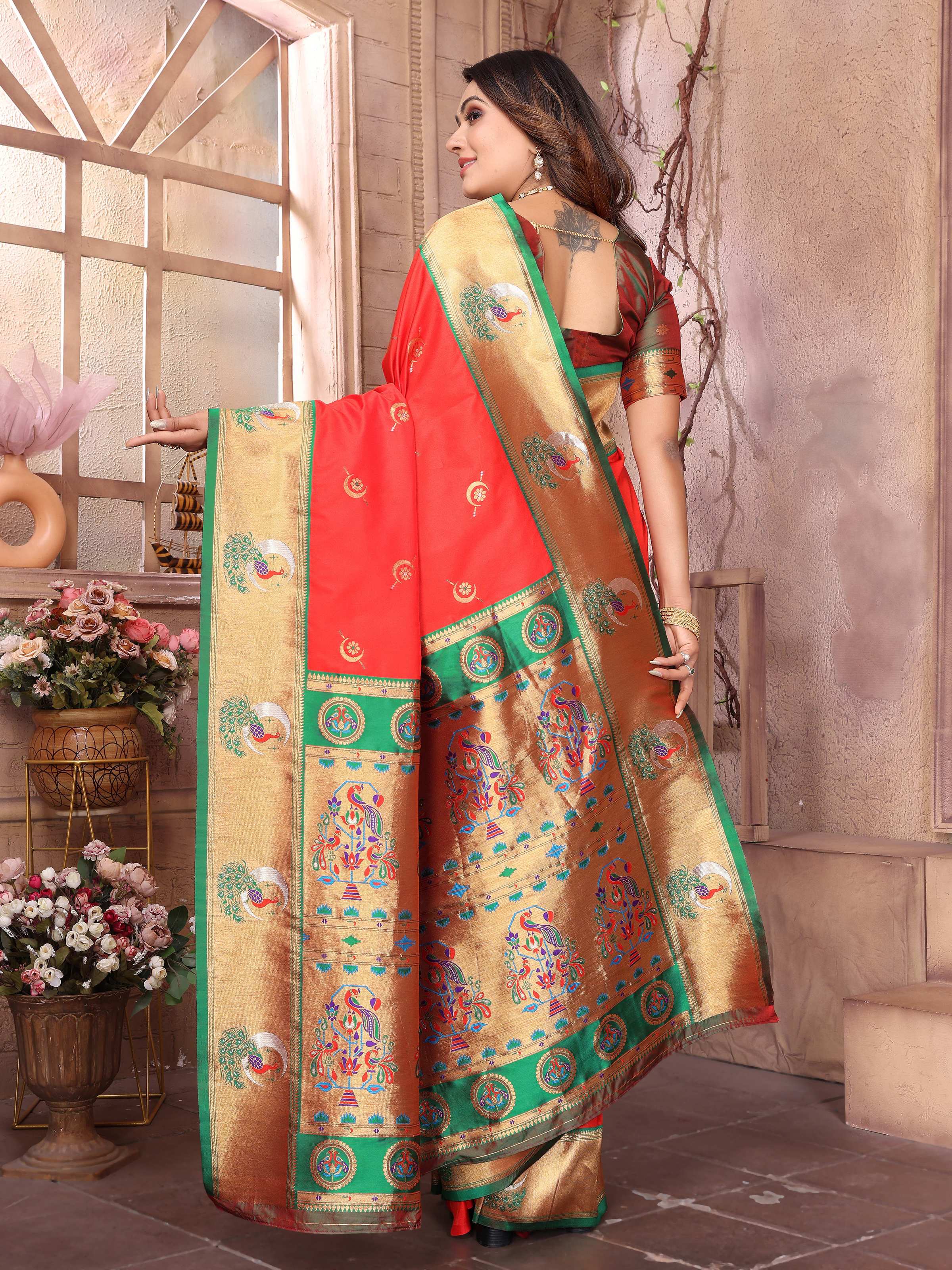 Sonakshi Women's Gajri Paithani Silk Zari Woven Traditional Saree with Blouse | Grocsy
