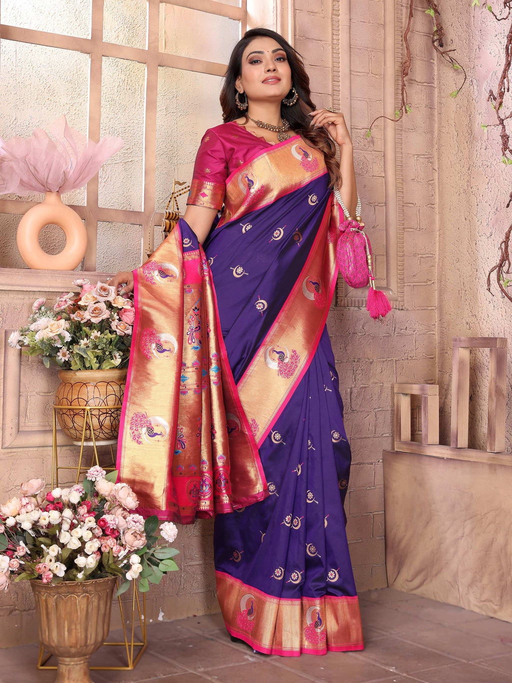 Sonakshi Women's Blue Paithani Silk Zari Woven Traditional Saree with Blouse | Grocsy