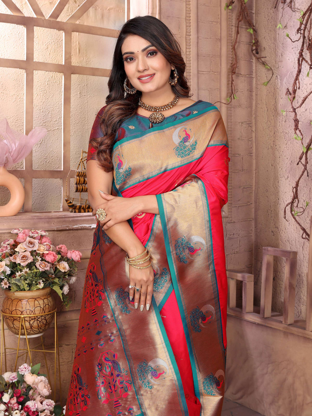 Sonakshi Women's Catonic Gajri Paithani Silk Zari Woven Traditional Saree with Blouse | Grocsy