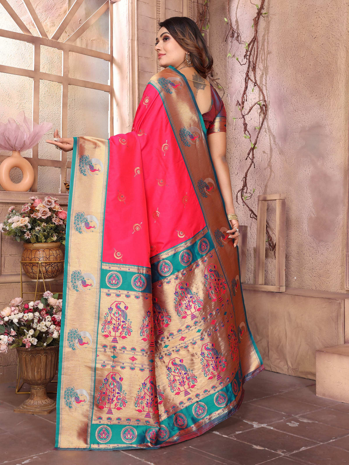 Sonakshi Women's Catonic Gajri Paithani Silk Zari Woven Traditional Saree with Blouse | Grocsy
