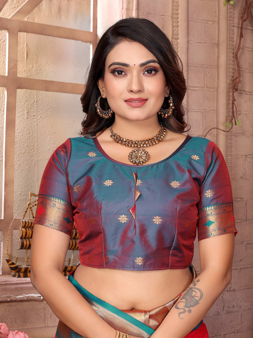 Sonakshi Women's Catonic Gajri Paithani Silk Zari Woven Traditional Saree with Blouse | Grocsy