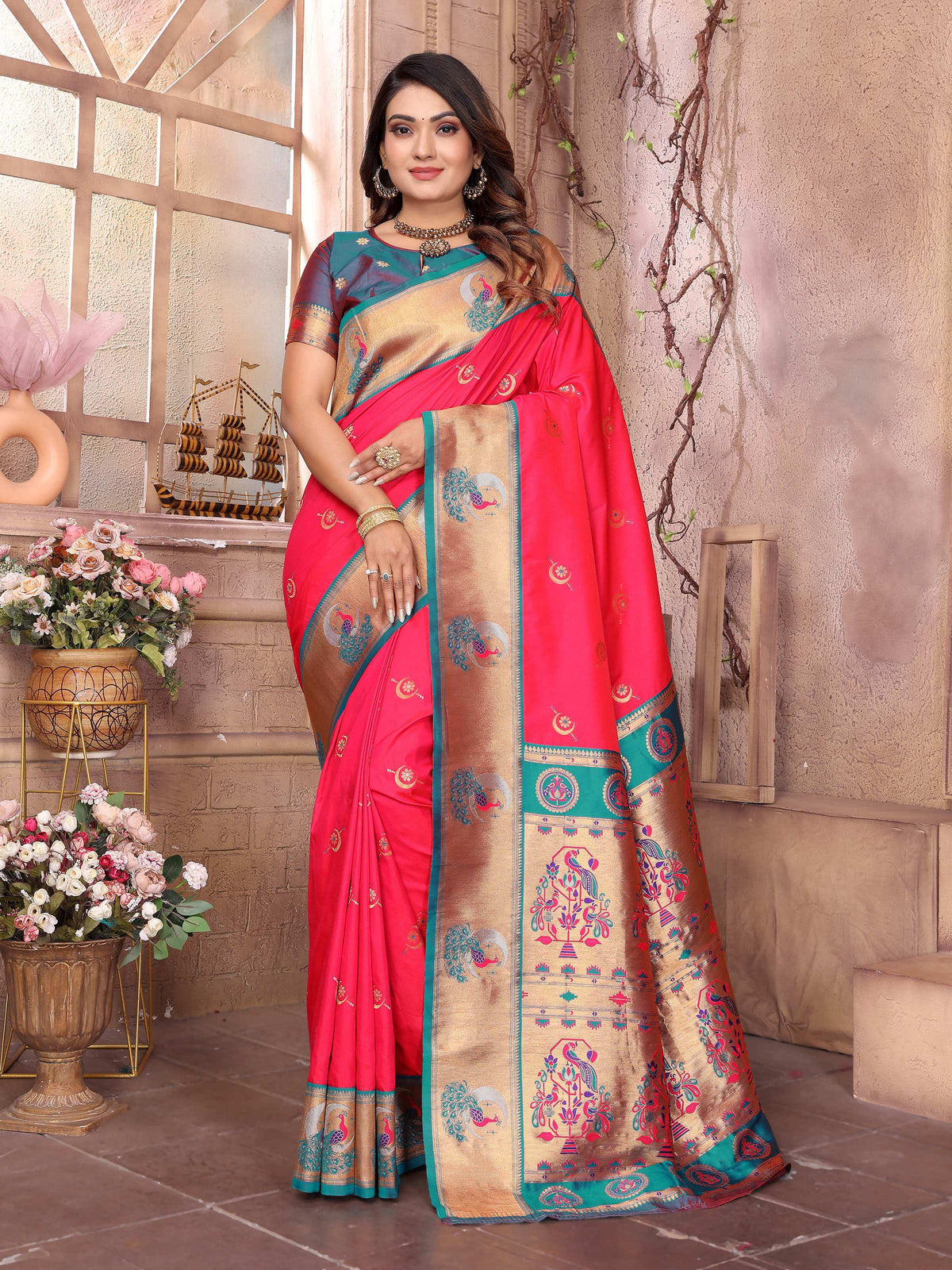 Sonakshi Women's Catonic Gajri Paithani Silk Zari Woven Traditional Saree with Blouse | Grocsy