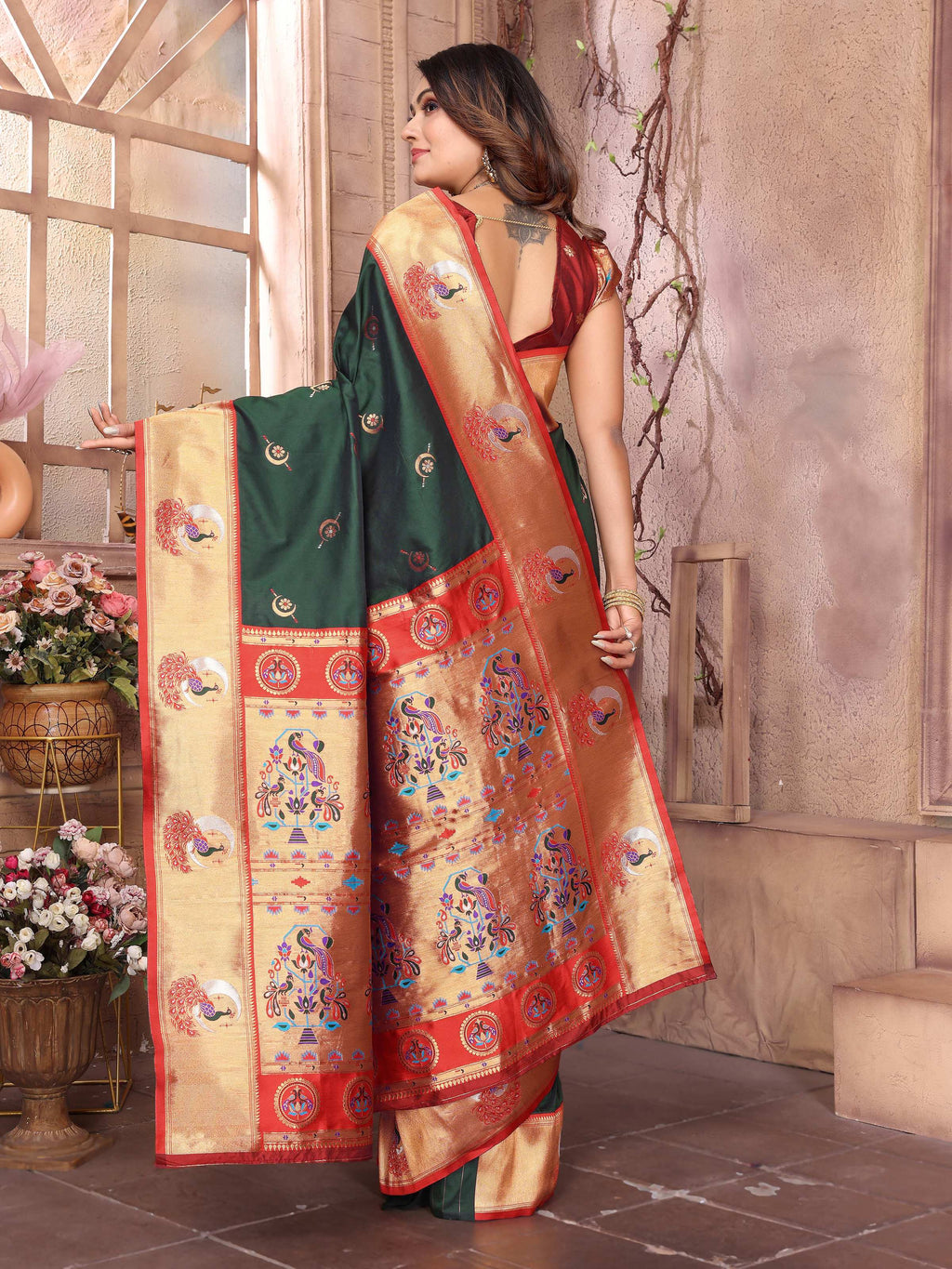 Sonakshi Women's Bottle Green Paithani Silk Zari Woven Traditional Saree with Blouse | Grocsy