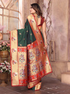 Sonakshi Women's Bottle Green Paithani Silk Zari Woven Traditional Saree with Blouse | Grocsy