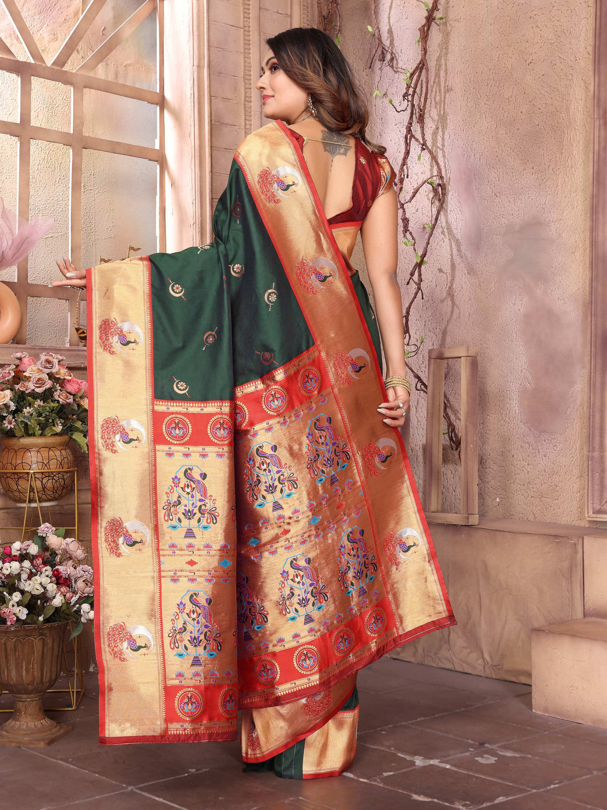 Sonakshi Women's Bottle Green Paithani Silk Zari Woven Traditional Saree with Blouse | Grocsy