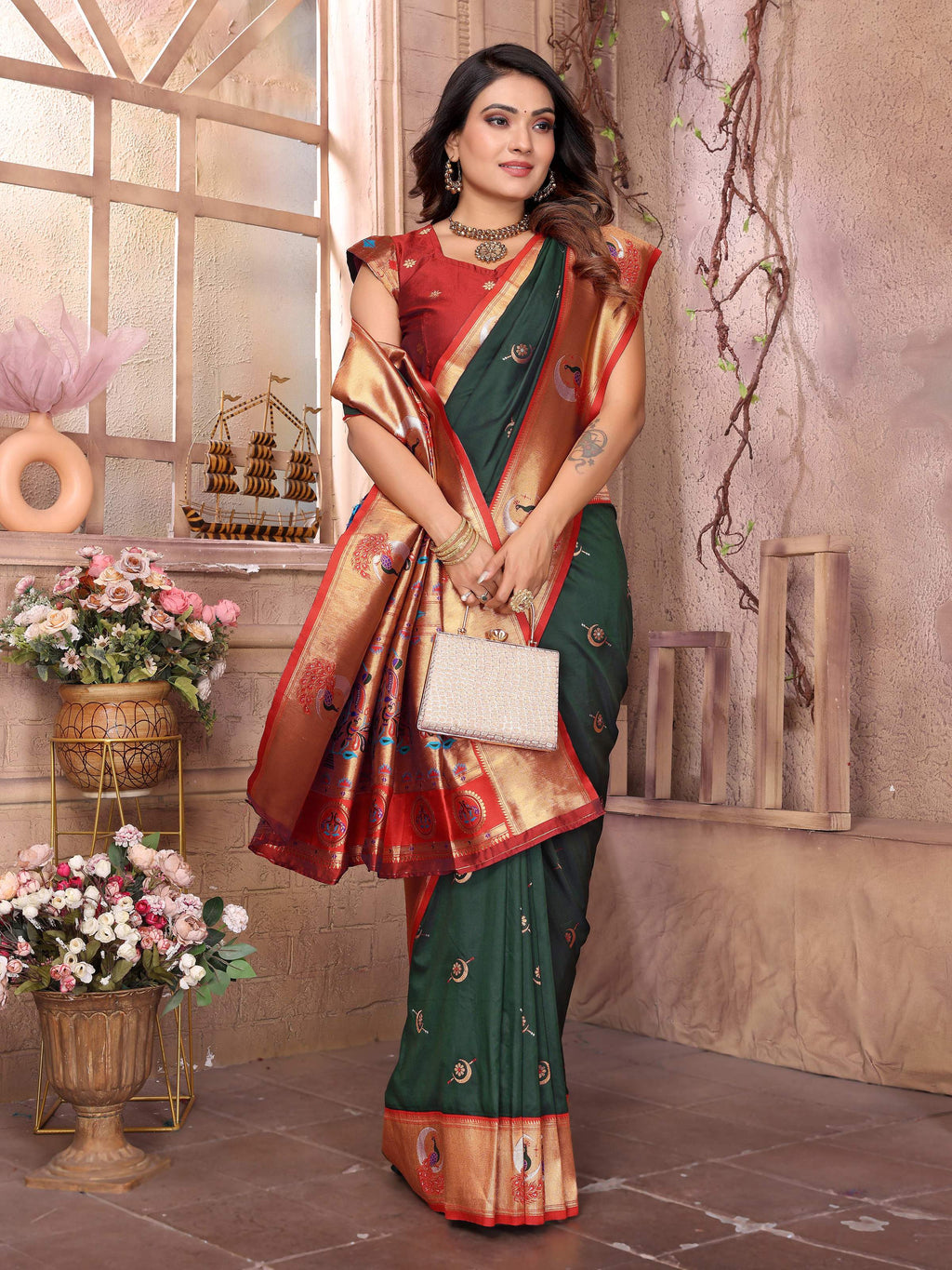 Sonakshi Women's Bottle Green Paithani Silk Zari Woven Traditional Saree with Blouse | Grocsy